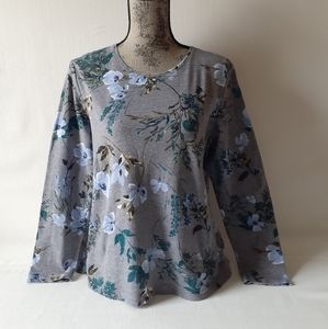 Croft &Barrow women's gray/blue floral print long sleeve top size L